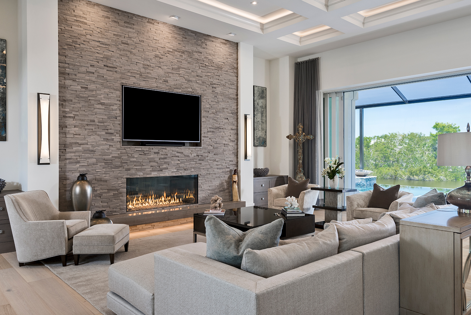 living room fireplace custom home design, Edgewater Home Builders Naples FL
